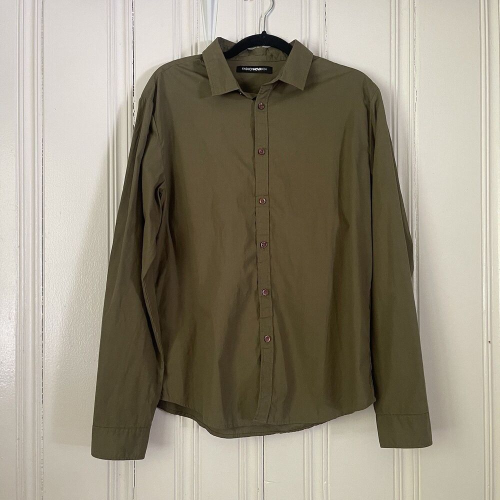 Fashion Nova Men Green Olive Button Up Long Sleeve Casual Cotton Shirt Size M
